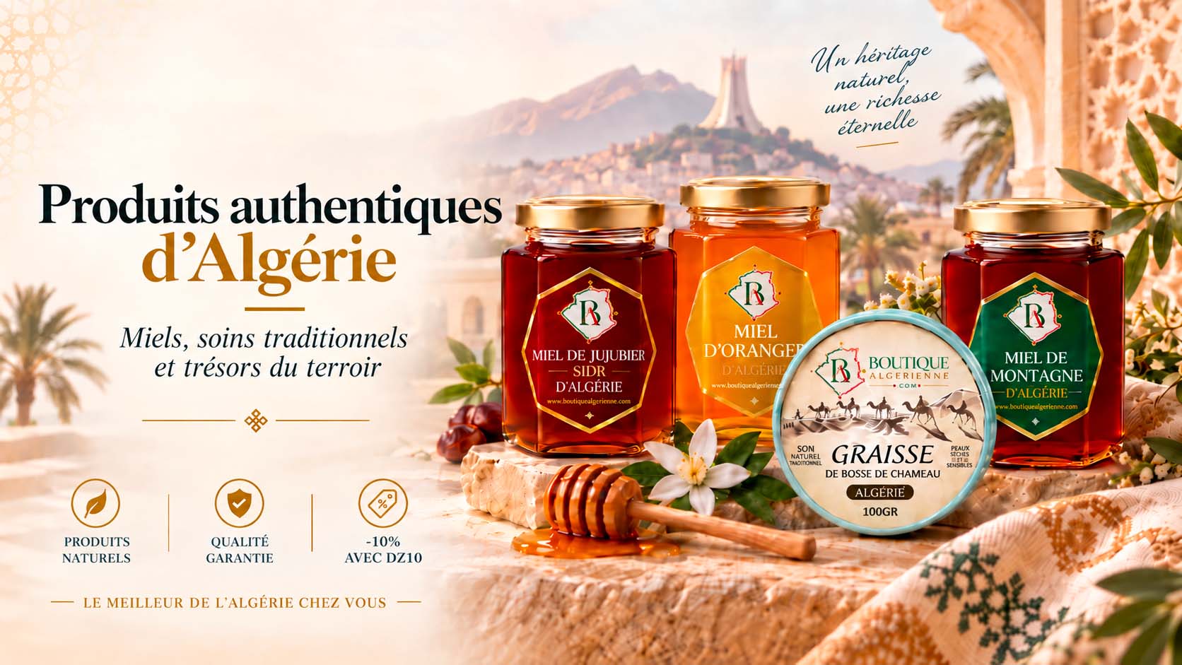 Produits authentiques d'Algérie : miels de jujubier, d'oranger et de montagne, graisse de bosse de chameau, -10 % avec le code DZ10