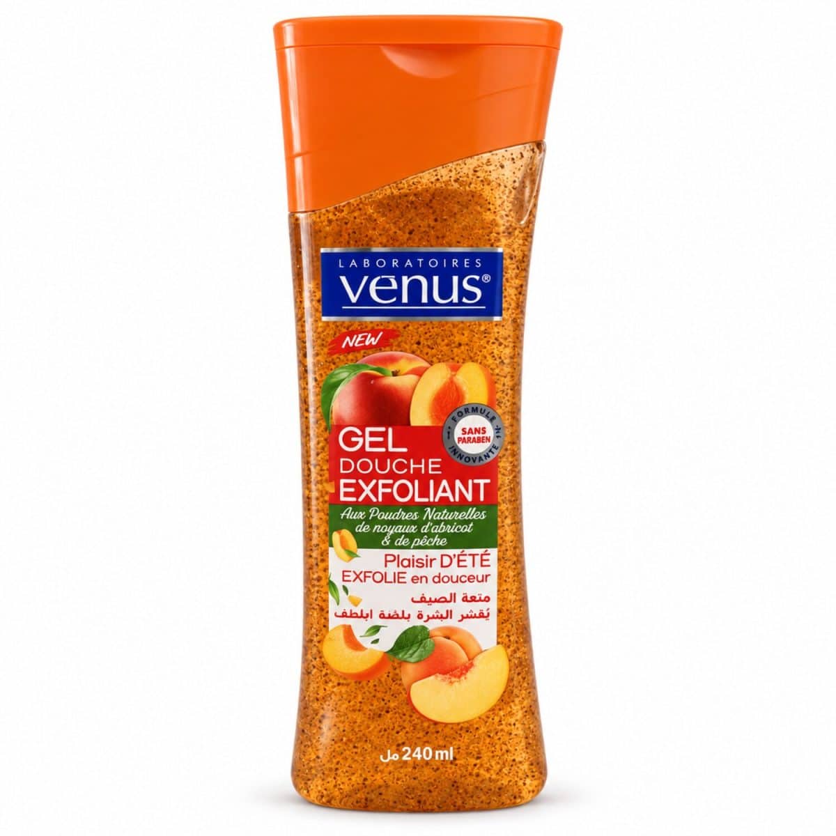 Gel de ducha Venus de albaricoque y melocotón, 240 ml, sobre fondo blanco