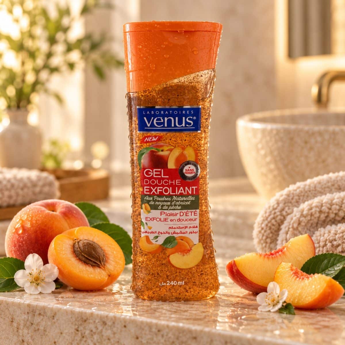 Gel de ducha Venus de albaricoque y melocotón en un envase decorativo