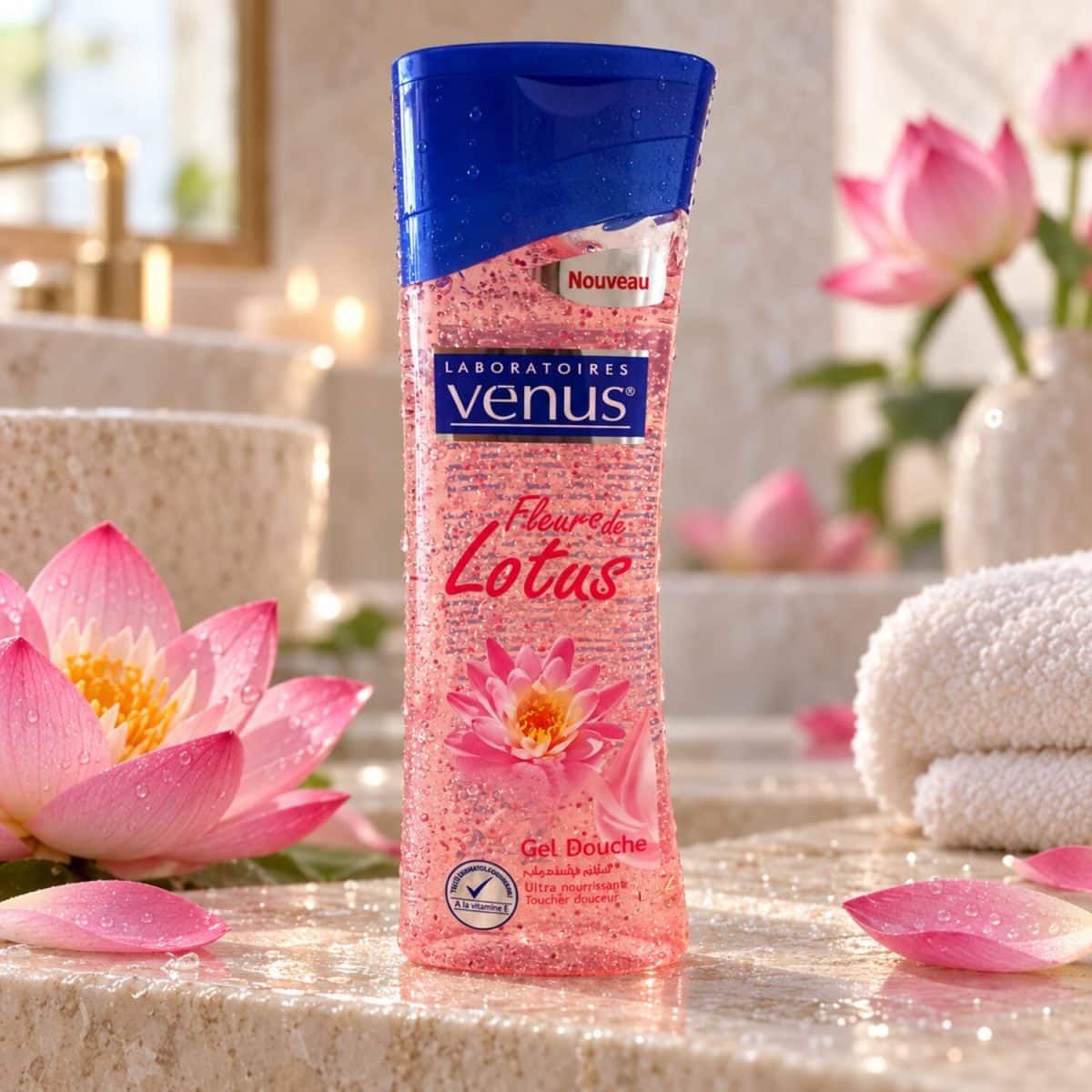 Gel de ducha Venus Flor de loto en un envase decorativo
