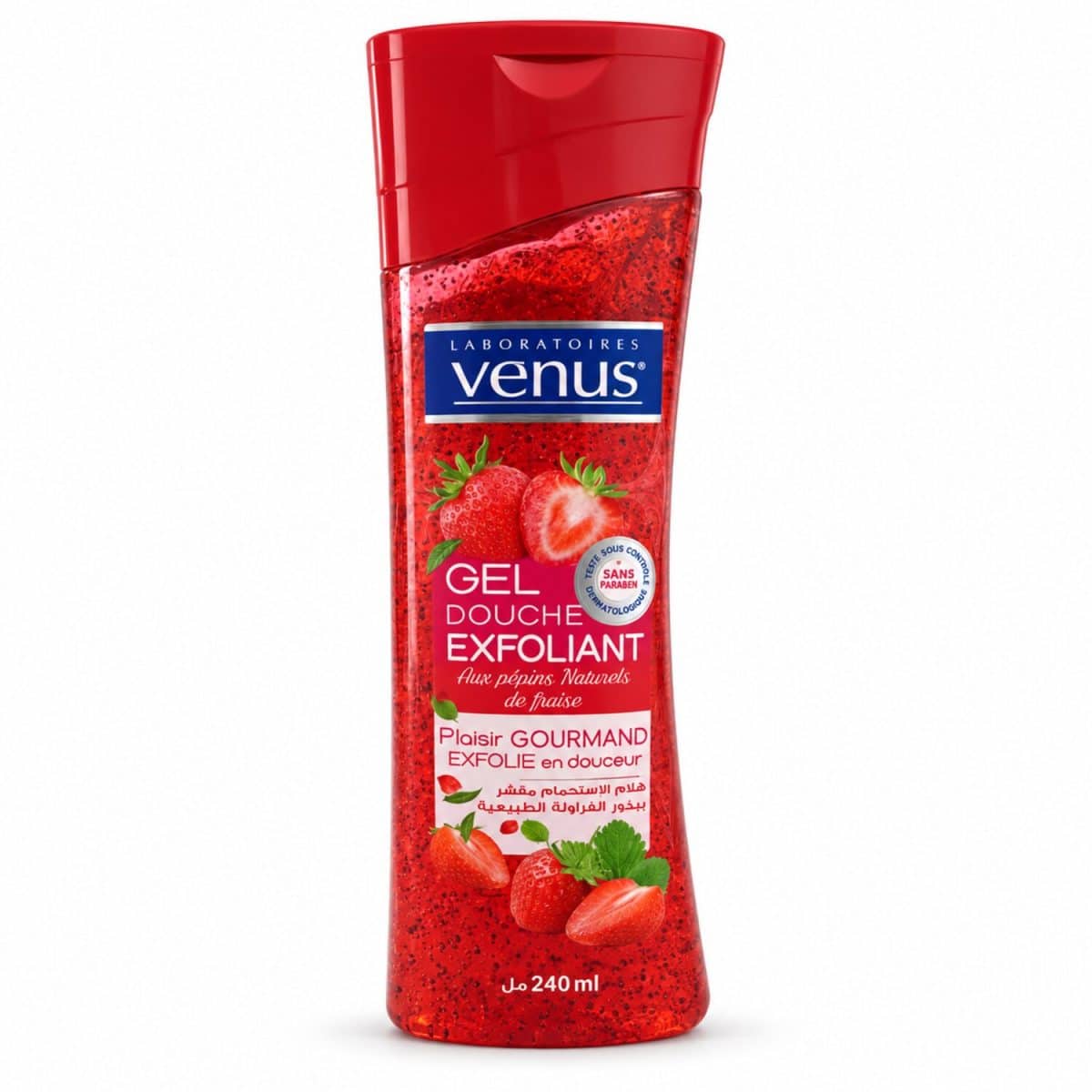 Gel de ducha Venus Fresa, 240 ml, sobre fondo blanco