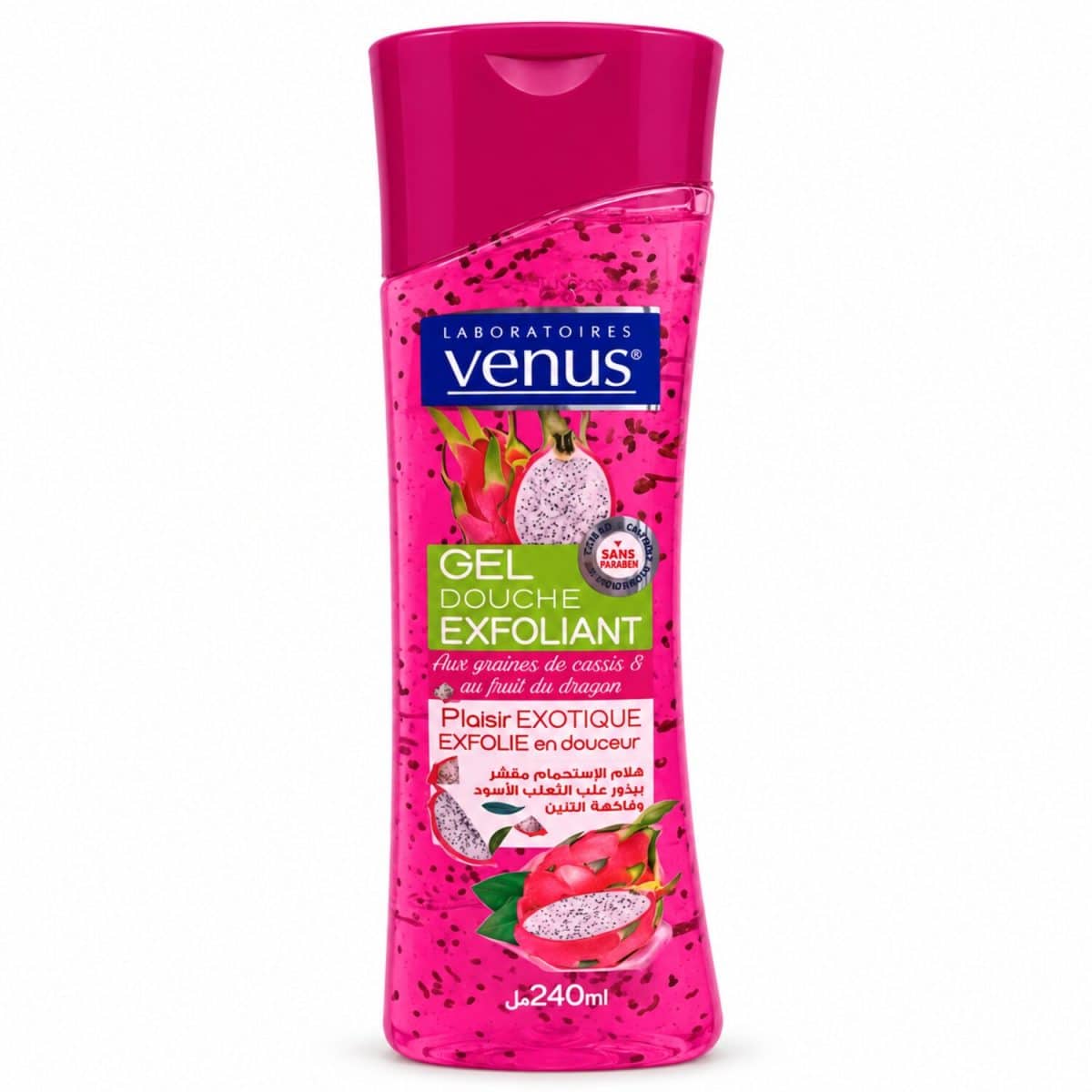 Gel de ducha Venus «Fruta del dragón y grosella negra», 240 ml, sobre fondo blanco