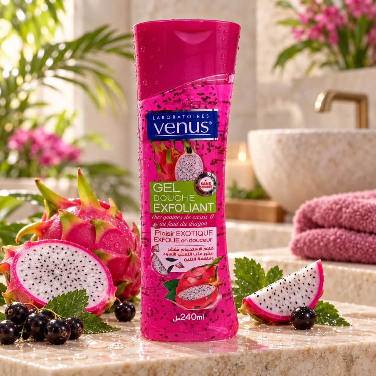 Gel de ducha Venus con fruta del dragón y grosella negra, en un envase decorativo