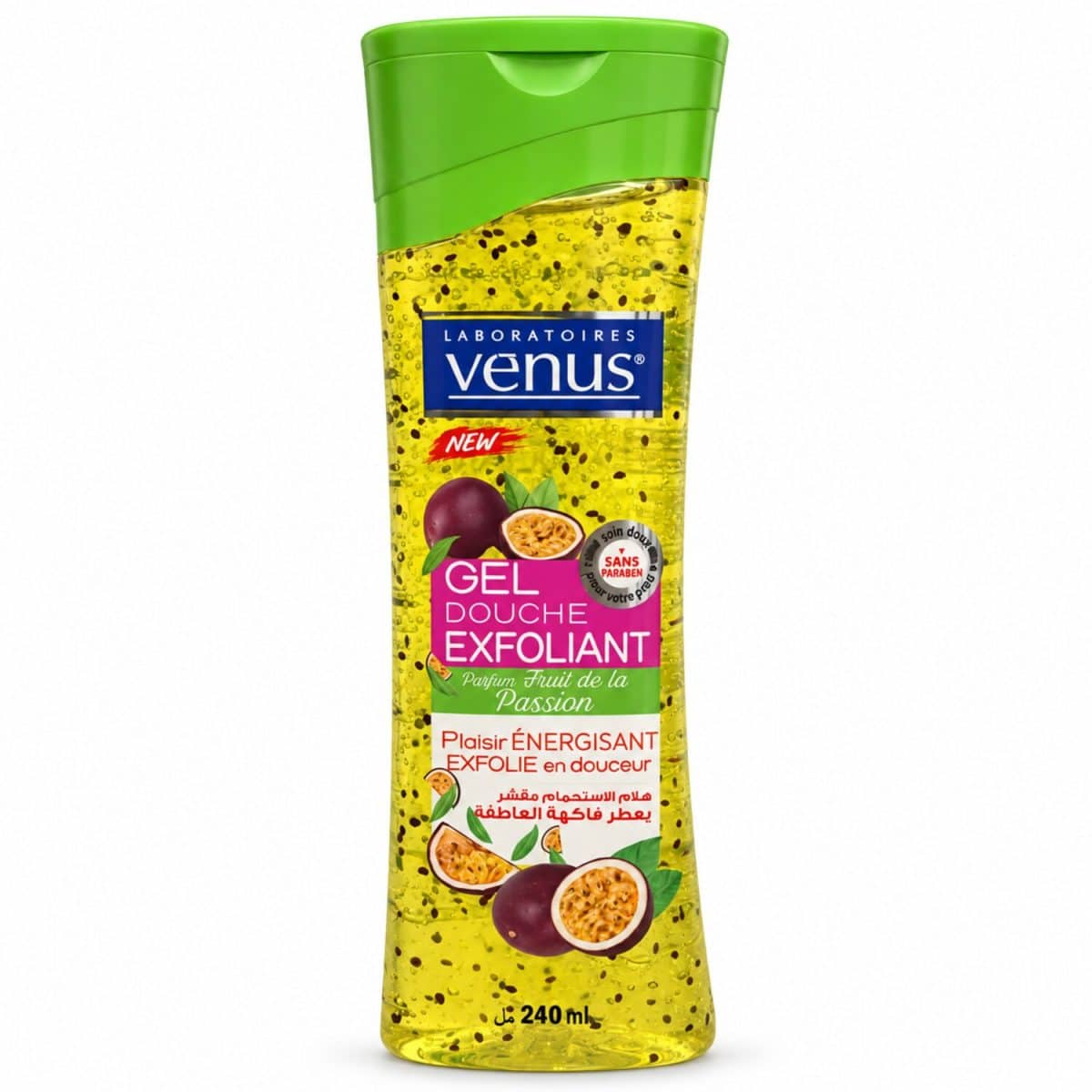 Gel de ducha Venus «Fruta de la pasión», 240 ml, sobre fondo blanco