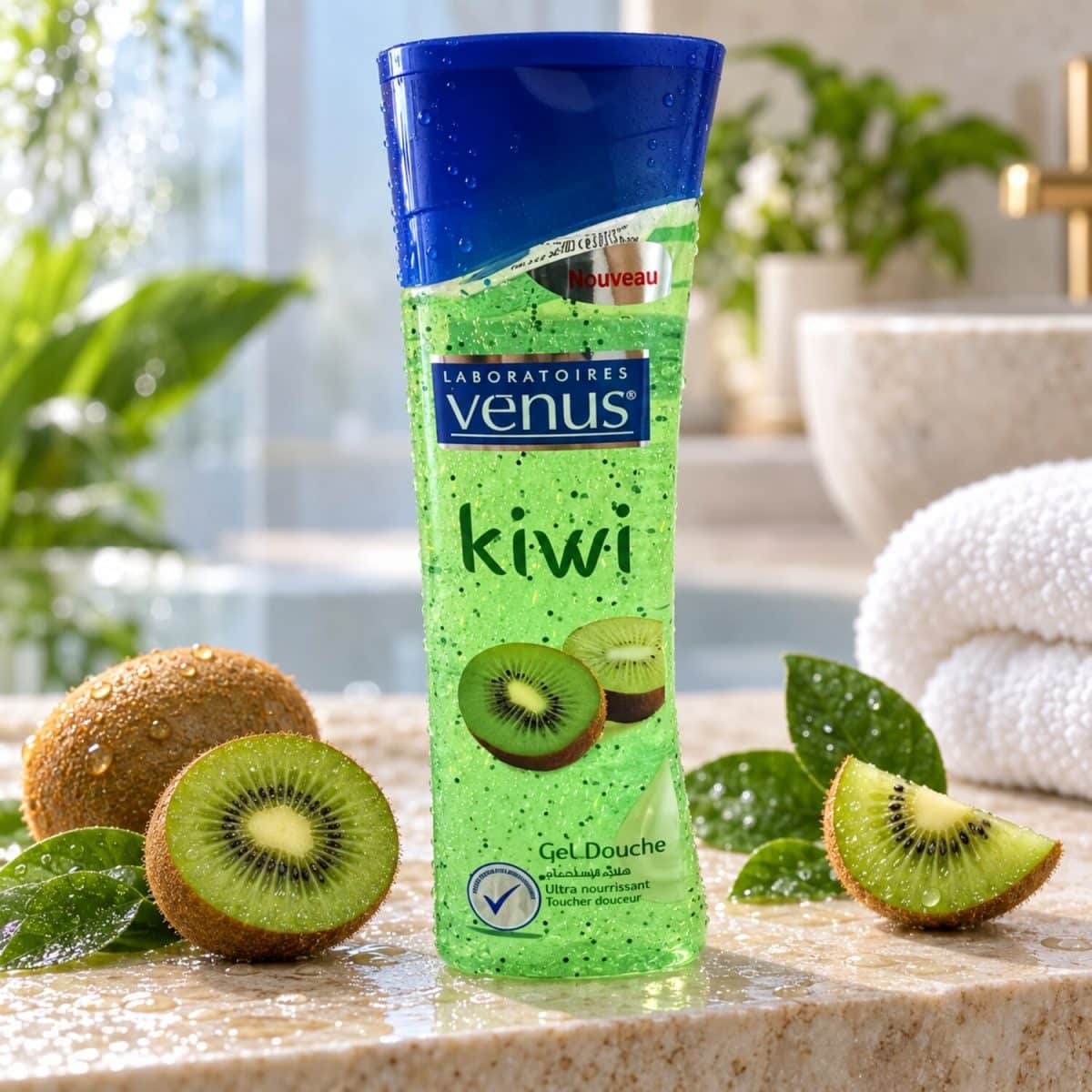 Gel de ducha Venus Kiwi en un envase decorativo