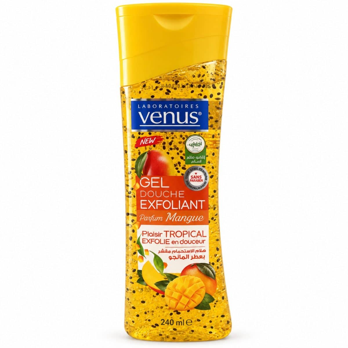 Gel de ducha Venus Mango, 240 ml, sobre fondo blanco