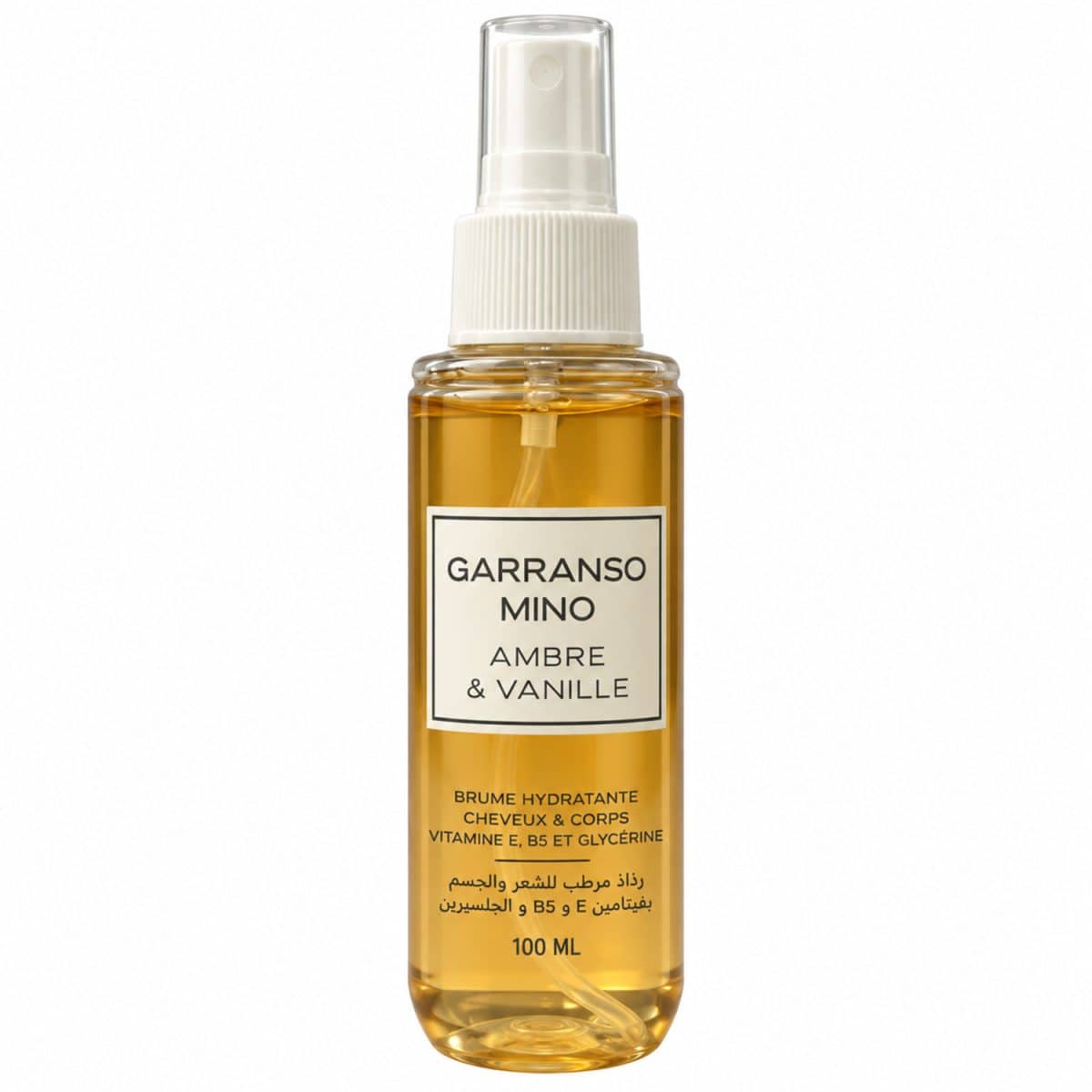 Brume Ambre et Vanille Garranso Mino de 100 ml, frasco con etiqueta de color marfil sobre fondo blanco