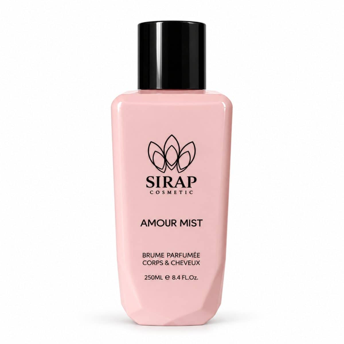 Bruma argelina «Amour Mist» de Sirap Cosmetics, de 250 ml, frasco rosa sobre fondo blanco