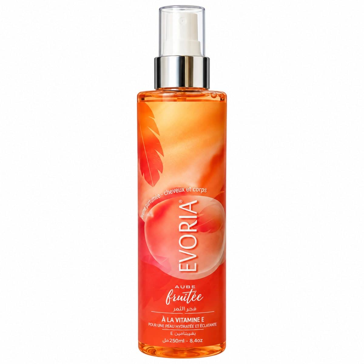 Bruma «Aube» afrutada de Evoria, 250 ml, frasco naranja sobre fondo blanco