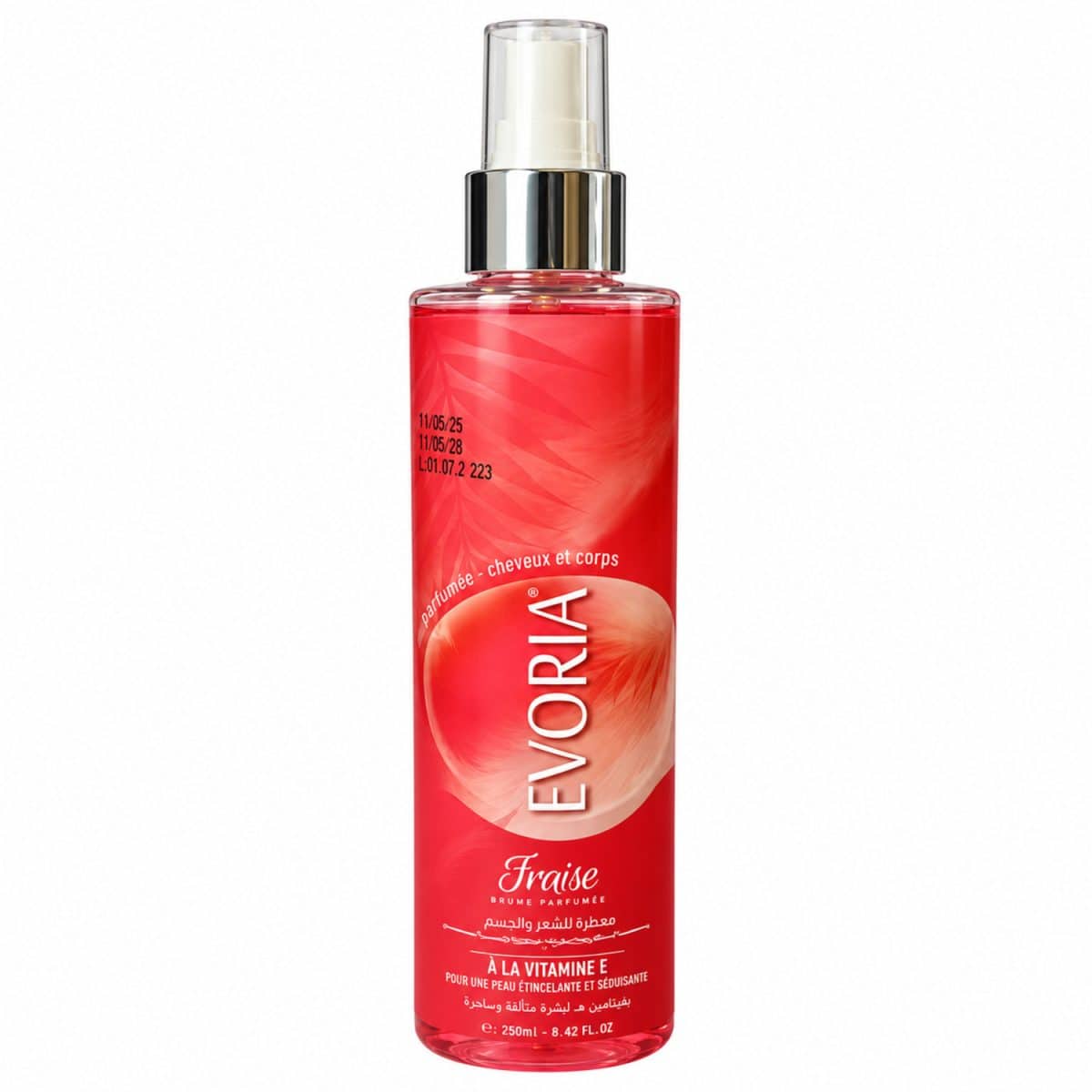 Brume Fraise Evoria 250 ml, frasco rojo sobre fondo blanco