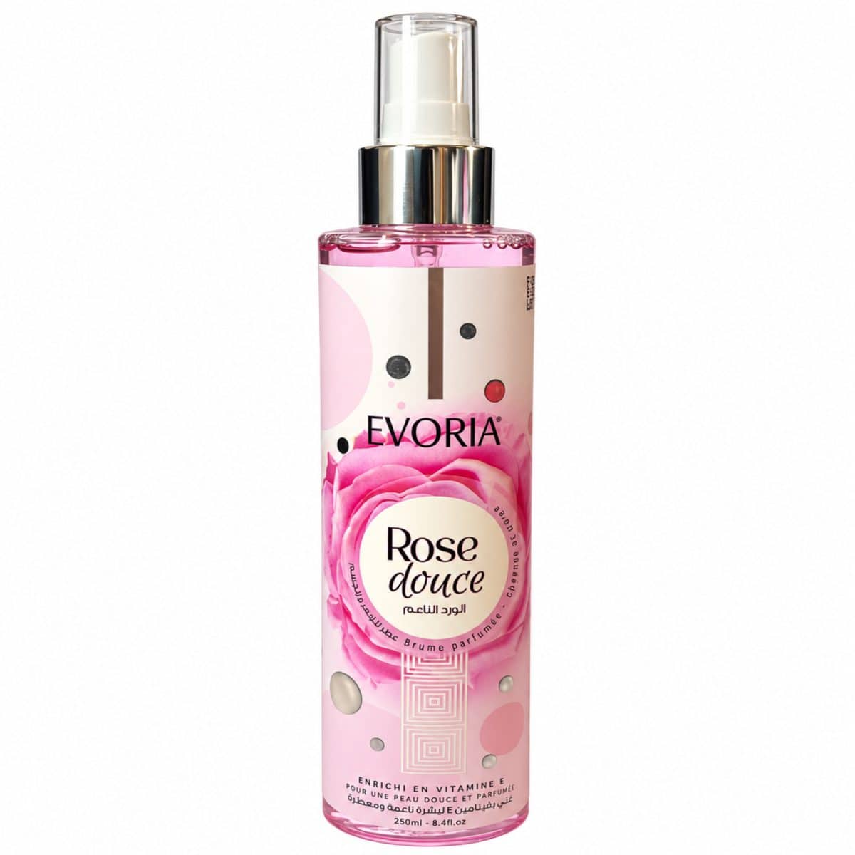 Bruma rosa suave Evoria, 250 ml, frasco rosa sobre fondo blanco