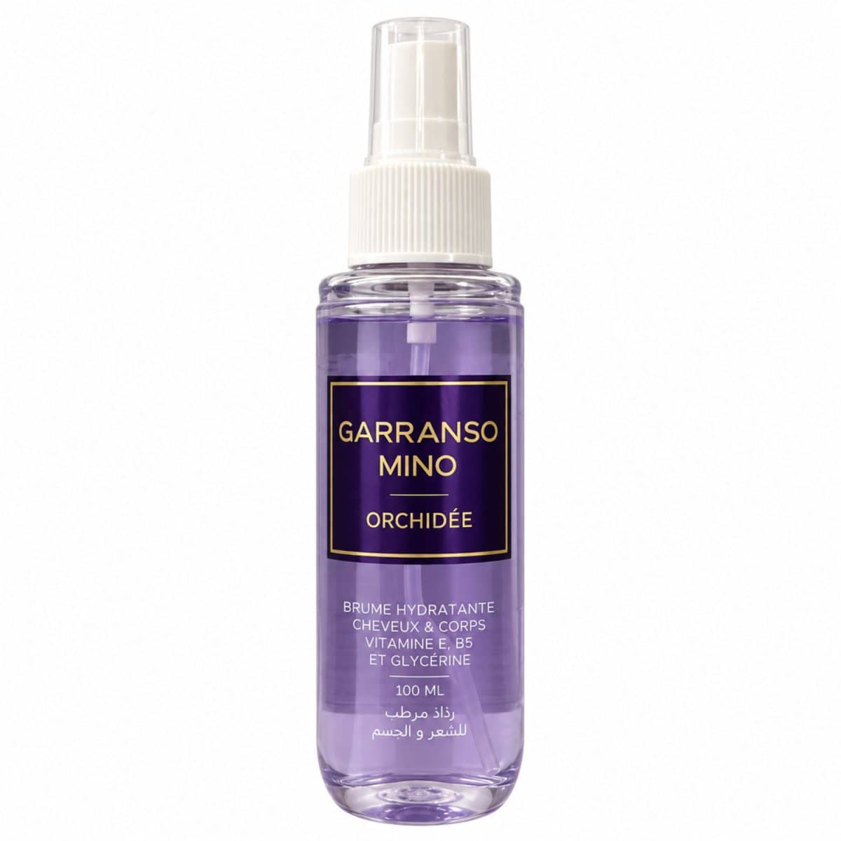 Brume Orchidée Garranso Mino de 100 ml, frasco con etiqueta morada sobre fondo blanco