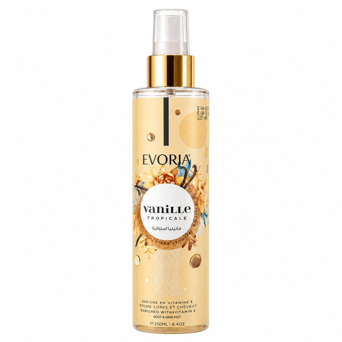Bruma perfumada «Vanilla Tropical» de Evoria, 250 ml, sobre fondo blanco