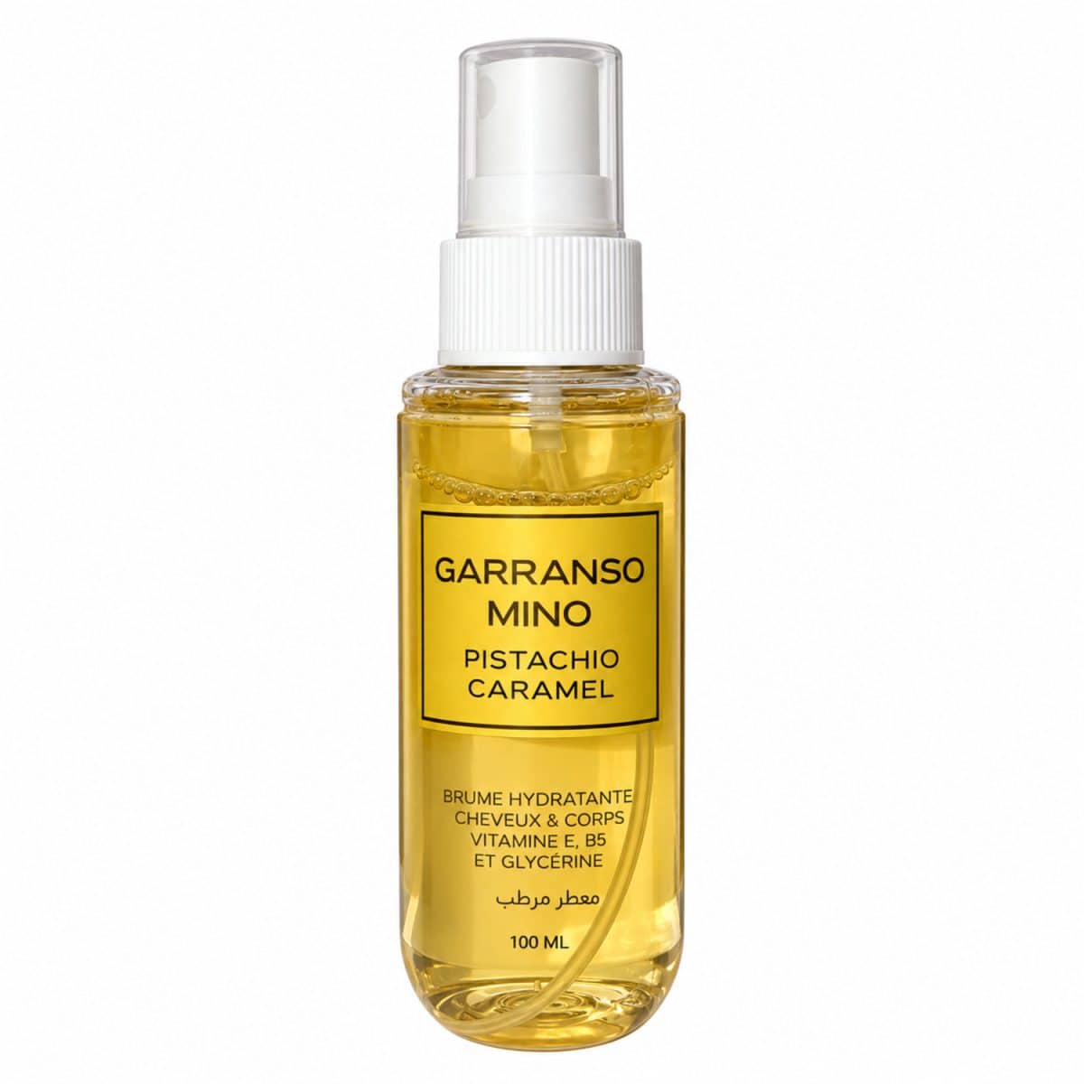 Brume Pistachio Caramel Garranso Mino de 100 ml, frasco con etiqueta amarilla sobre fondo blanco