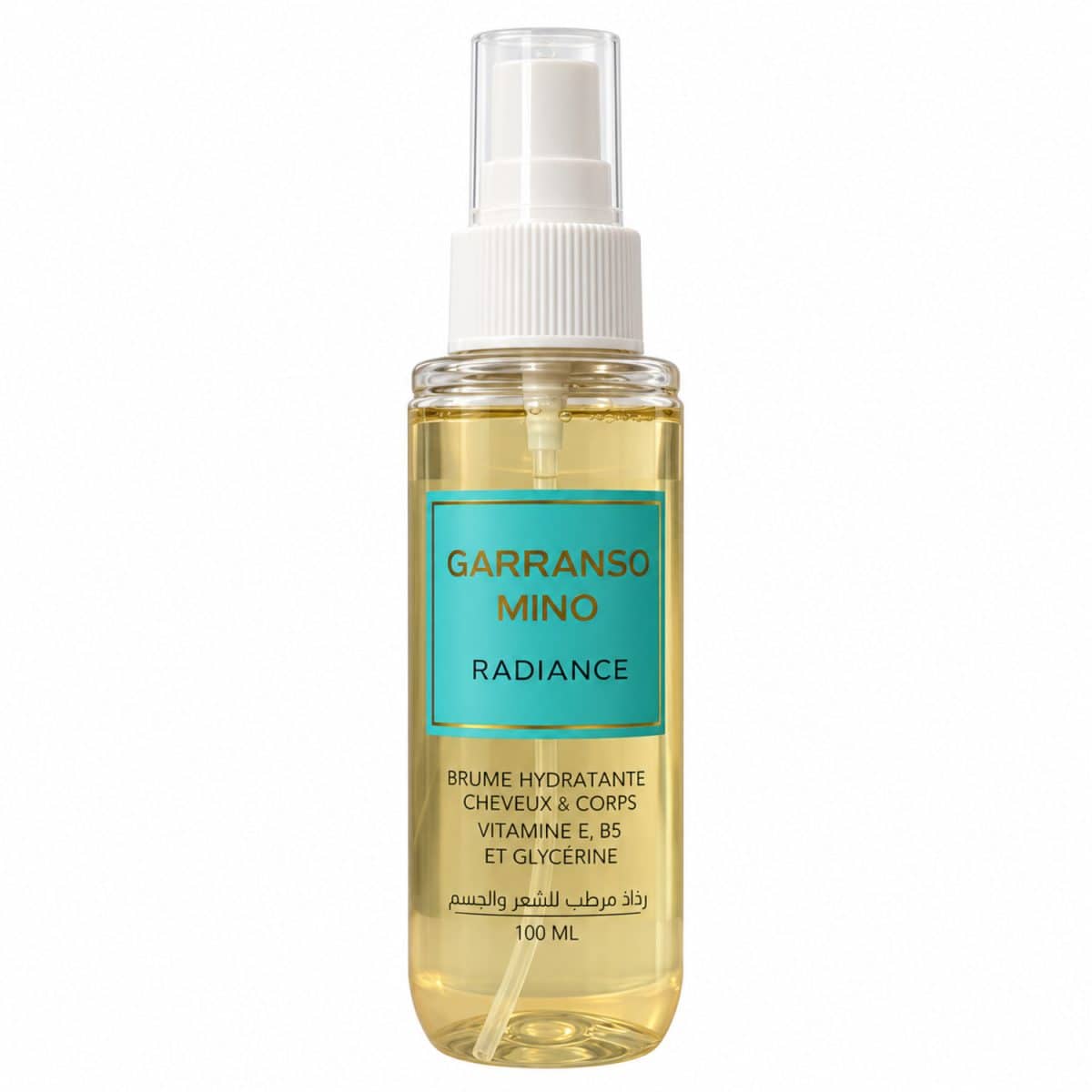 Brume Radiance Garranso Mino de 100 ml, frasco con etiqueta turquesa sobre fondo blanco