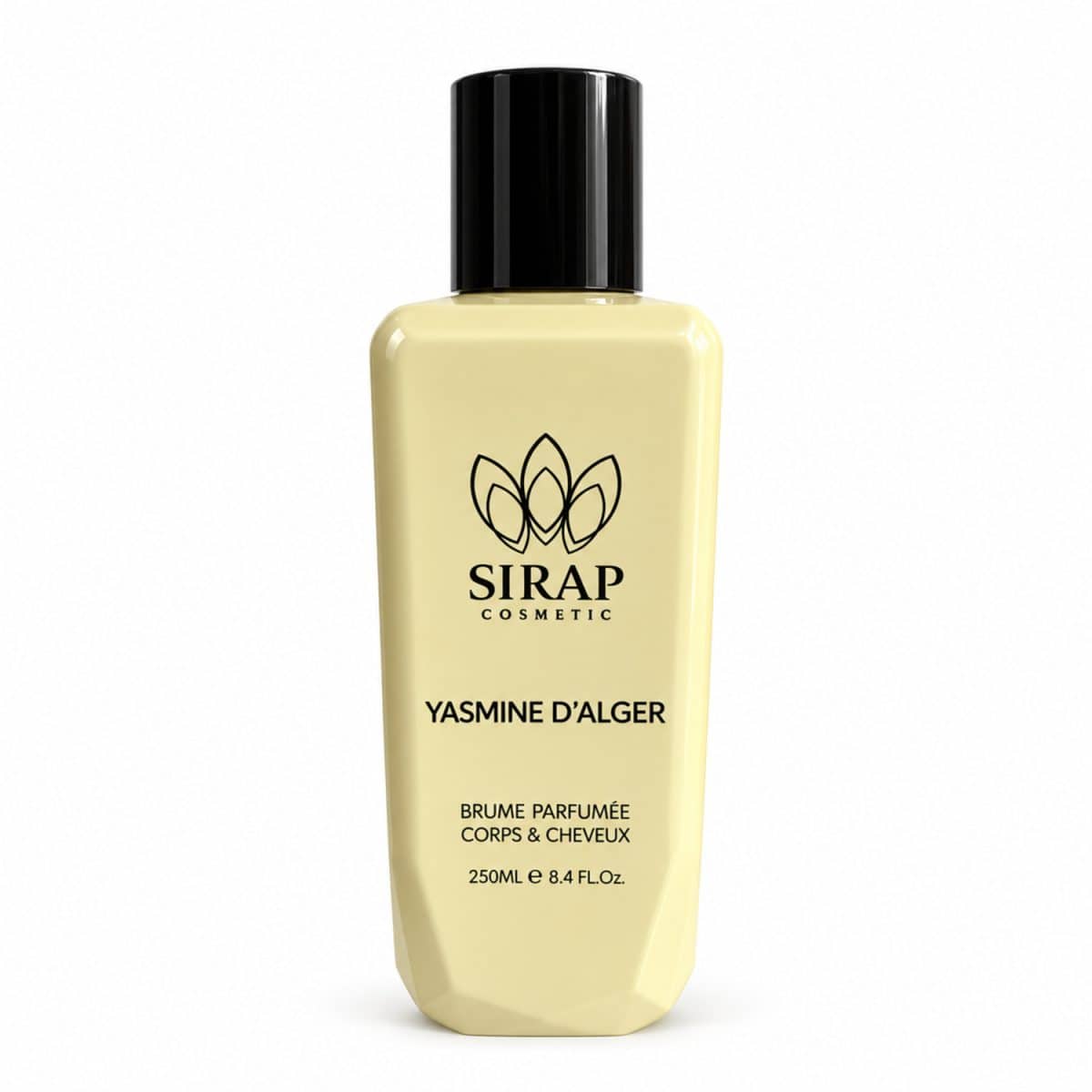 Bruma argelina «Yasmine d’Alger» de Sirap Cosmetics, de 250 ml, frasco de color amarillo pálido sobre fondo blanco