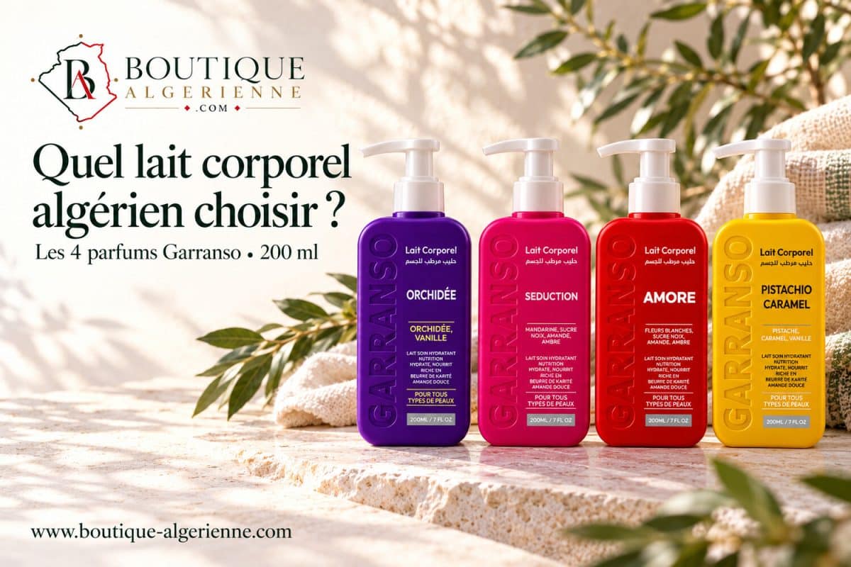 Die vier algerischen Körpermilchprodukte von Garranso, 200 ml: Orchidée, Séduction, Amore und Pistachio Caramel