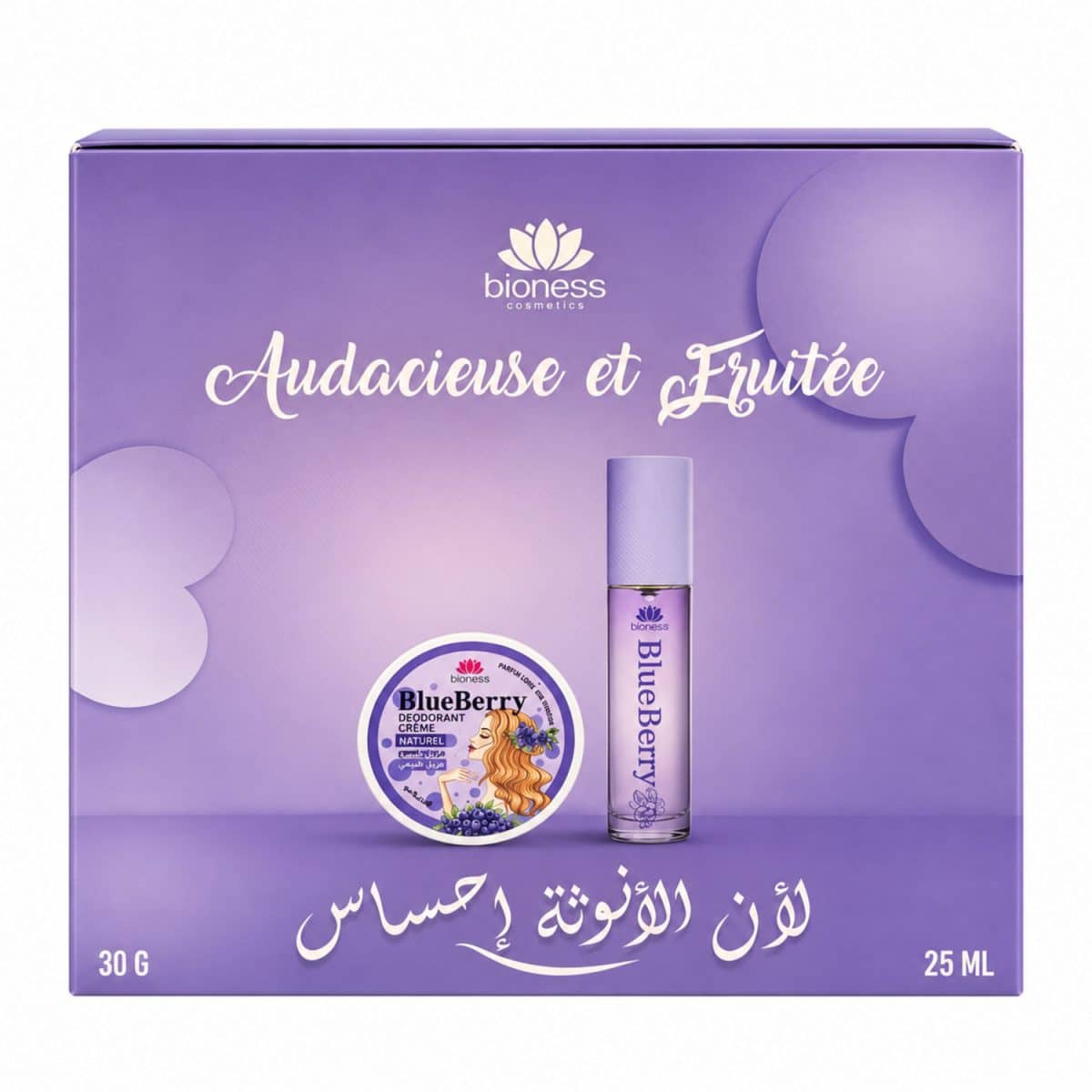 Caja de regalo BlueBerry Bioness morada, desodorante de 30 g y perfume de 25 ml sobre fondo blanco