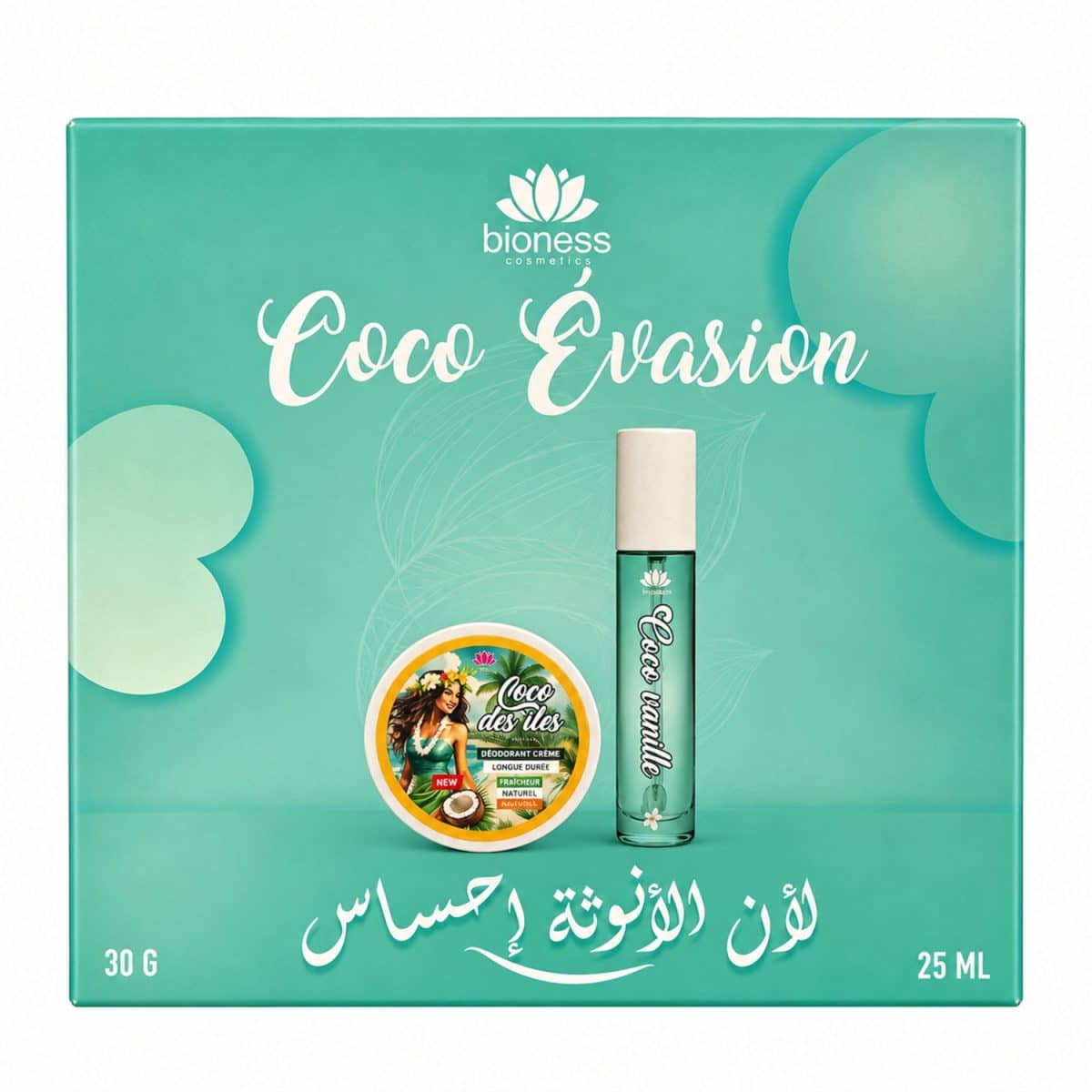 Caja de regalo «Coco Évasion» de Bioness en color verde, con desodorante de 30 g y perfume de 25 ml sobre fondo blanco