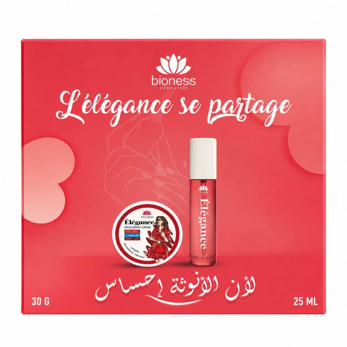 Caja de regalo «Élégance» de Bioness en rojo, con desodorante de 30 g y perfume de 25 ml sobre fondo blanco