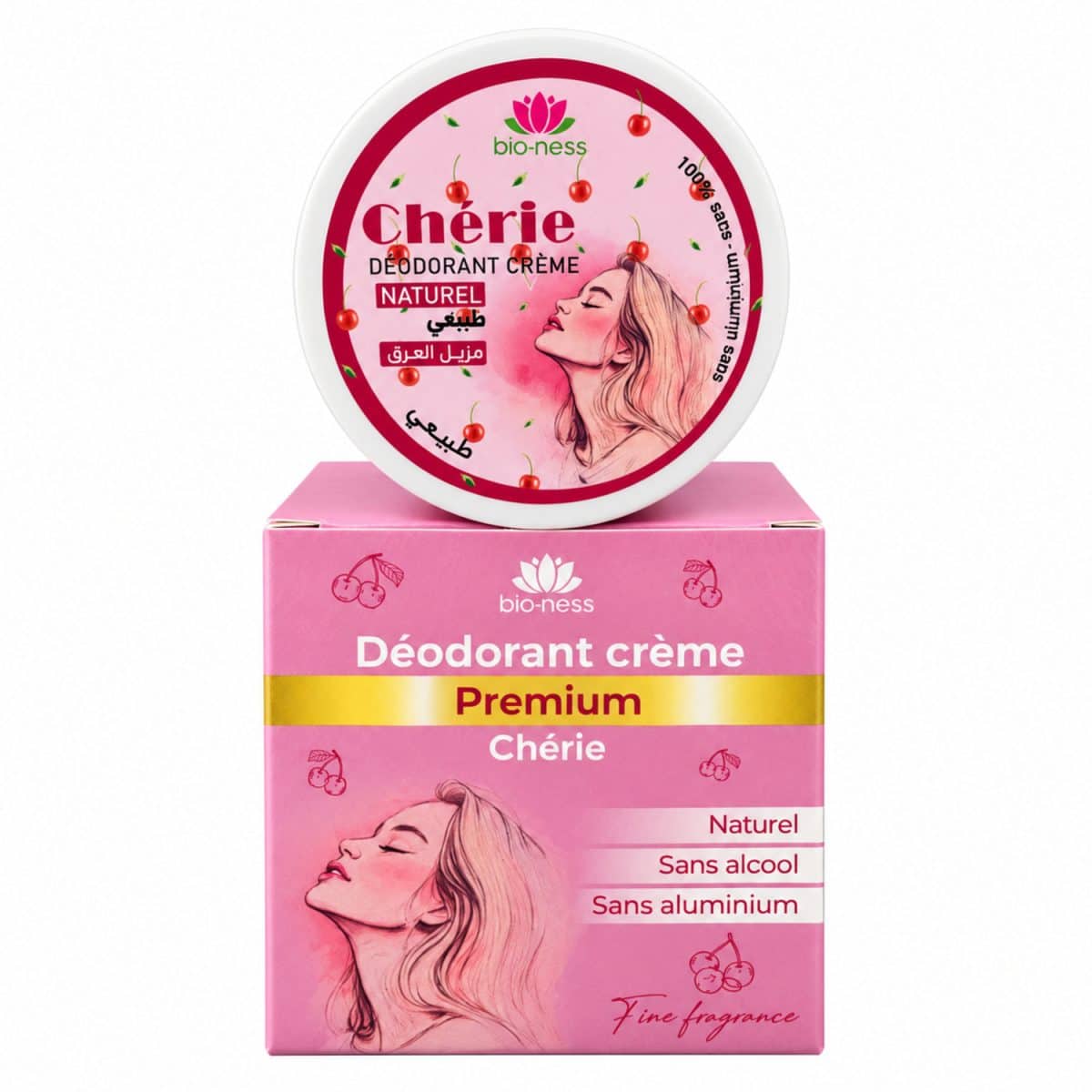 Desodorante en crema Chérie Bioness 45 g – tarro y caja de color rosa sobre fondo blanco