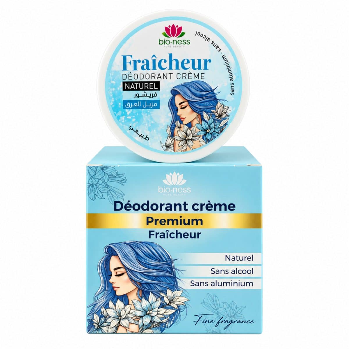 Desodorante en crema «Fraîcheur» de Bioness – 45 g – tarro y caja azules sobre fondo blanco