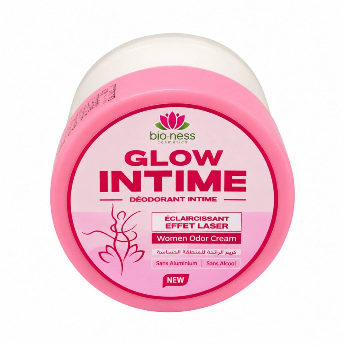 Desodorante íntimo Glow Intime de Bioness – 45 g – tarro rosa sobre fondo blanco