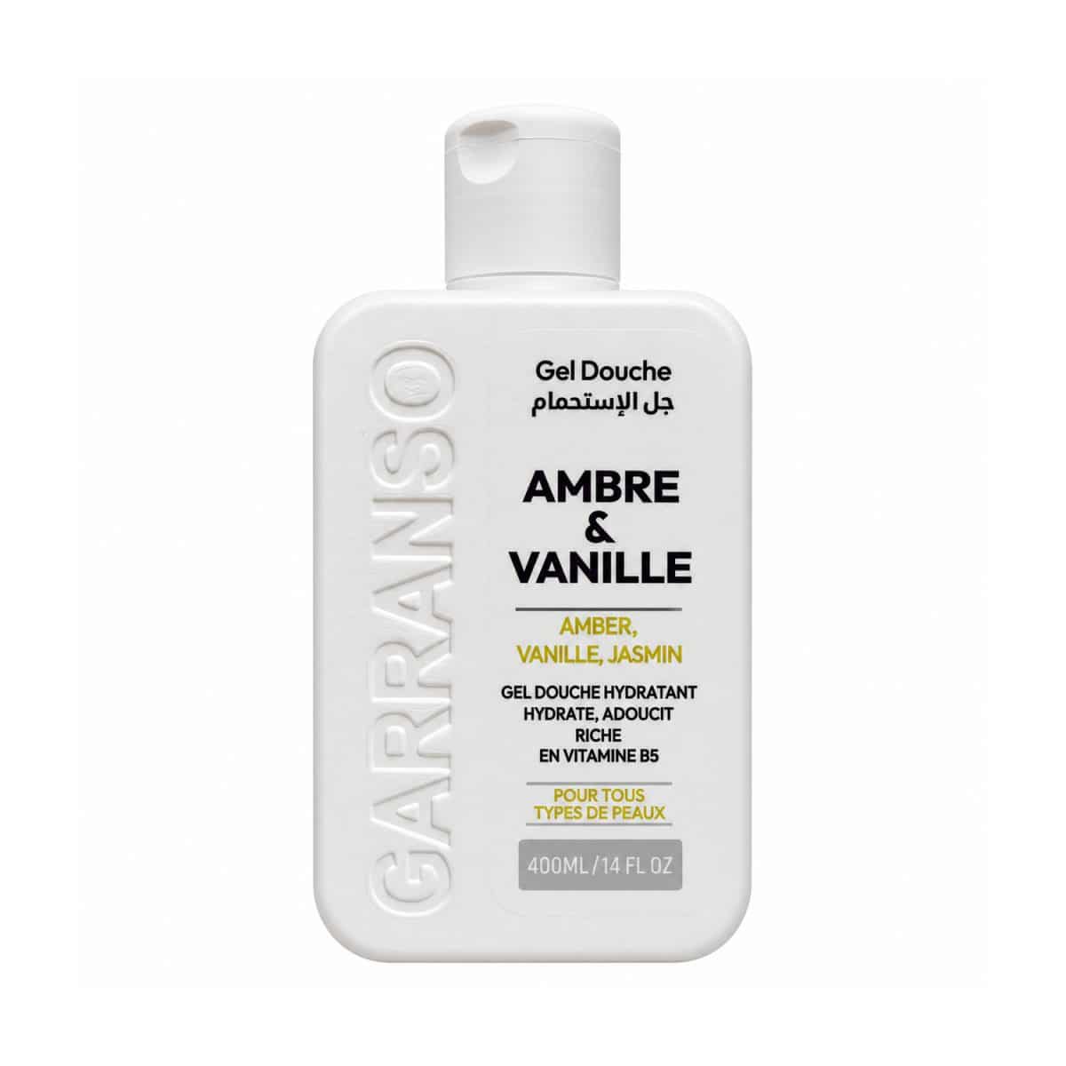 Gel de ducha Ámbar y Vainilla – Garranso – 400 ml, botella vista de frente sobre fondo blanco