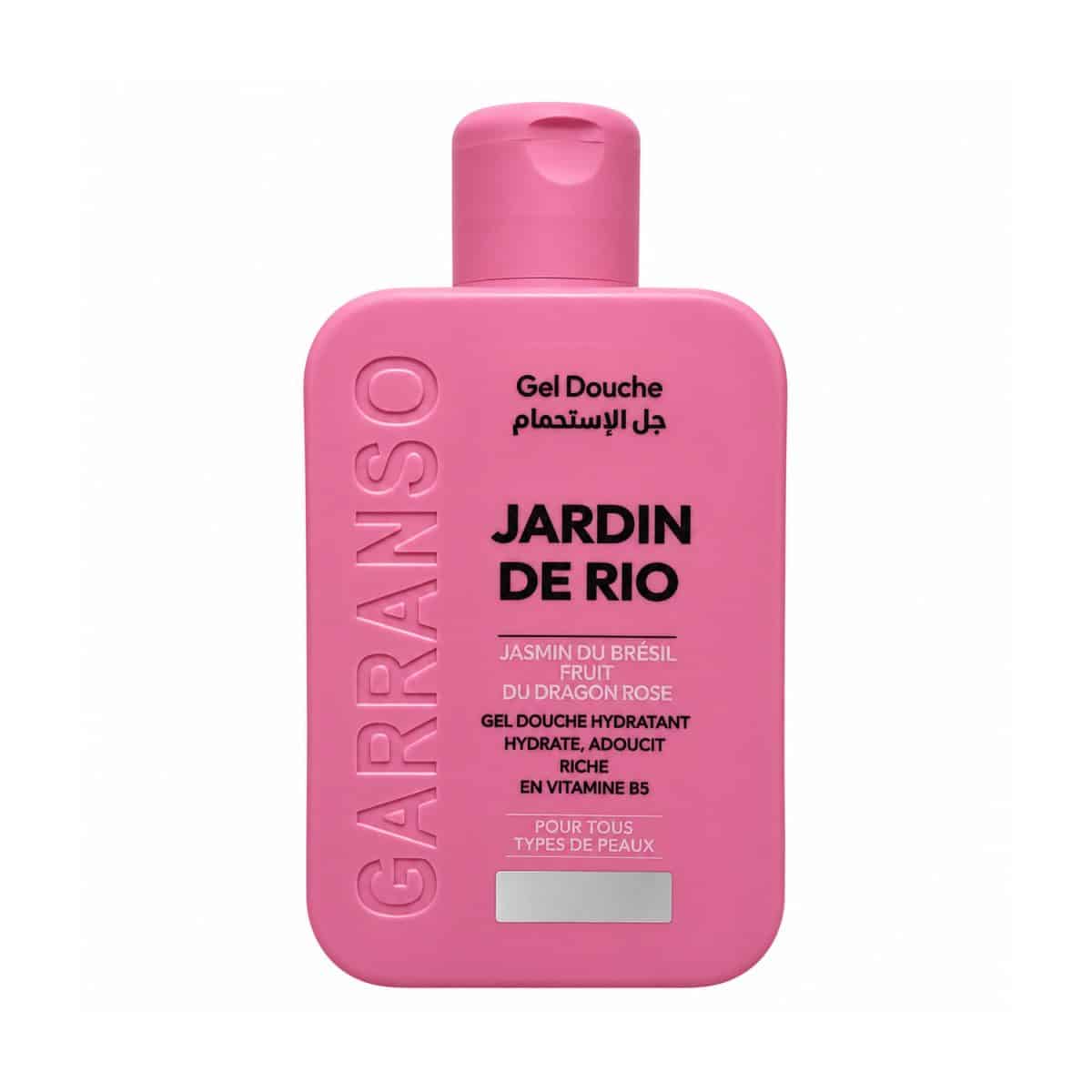 Gel de ducha Jardin de Rio – Garranso – 400 ml, botella vista de frente sobre fondo blanco