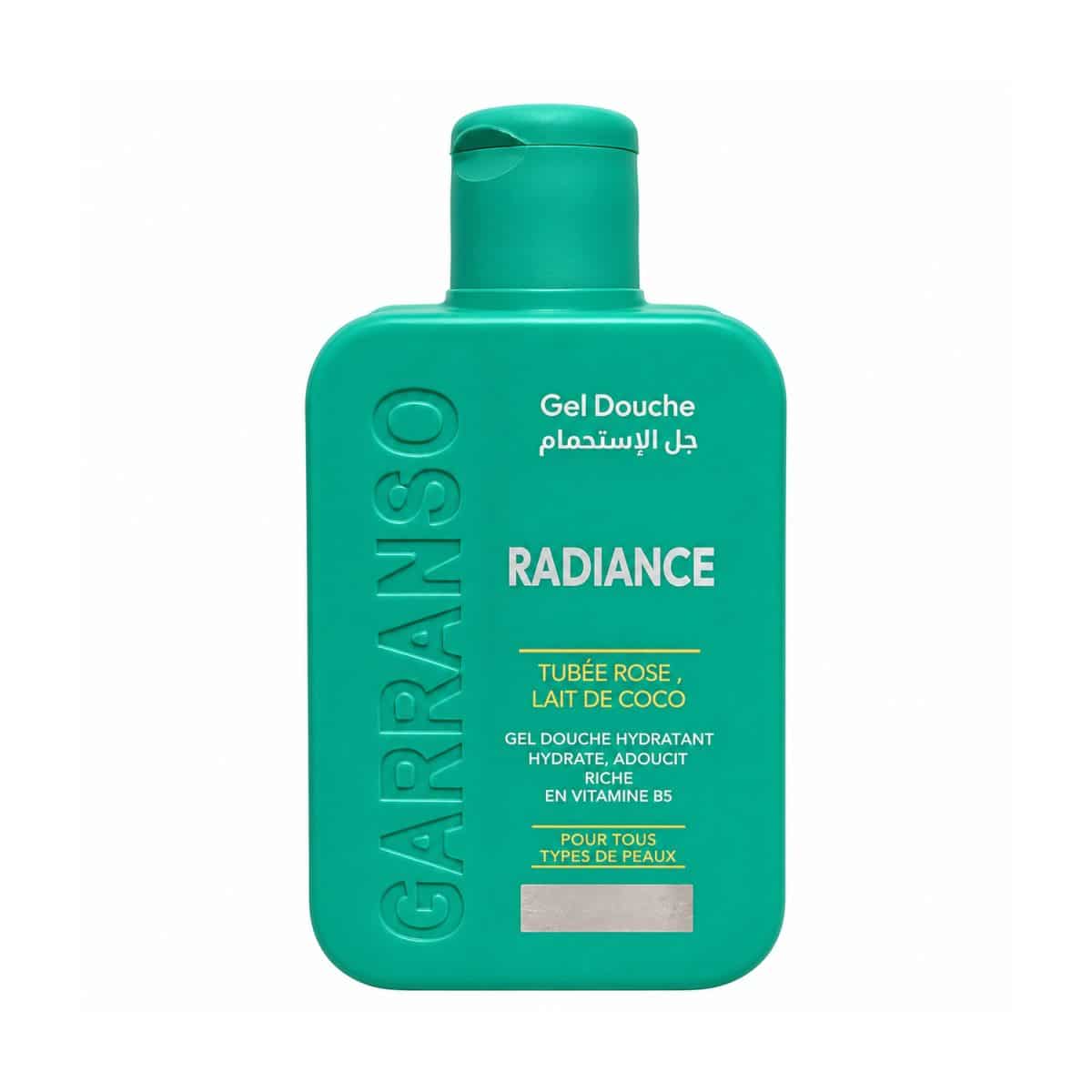 Gel de ducha Radiance – Garranso – 400 ml, botella vista sobre fondo blanco