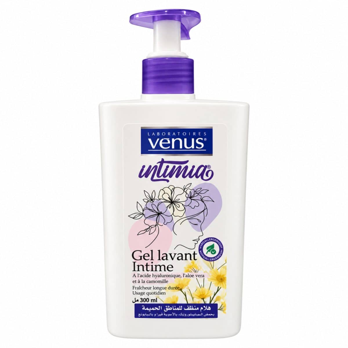 Gel íntimo Intimia de Laboratoires Venus, 300 ml, frasco blanco con dosificador morado sobre fondo blanco