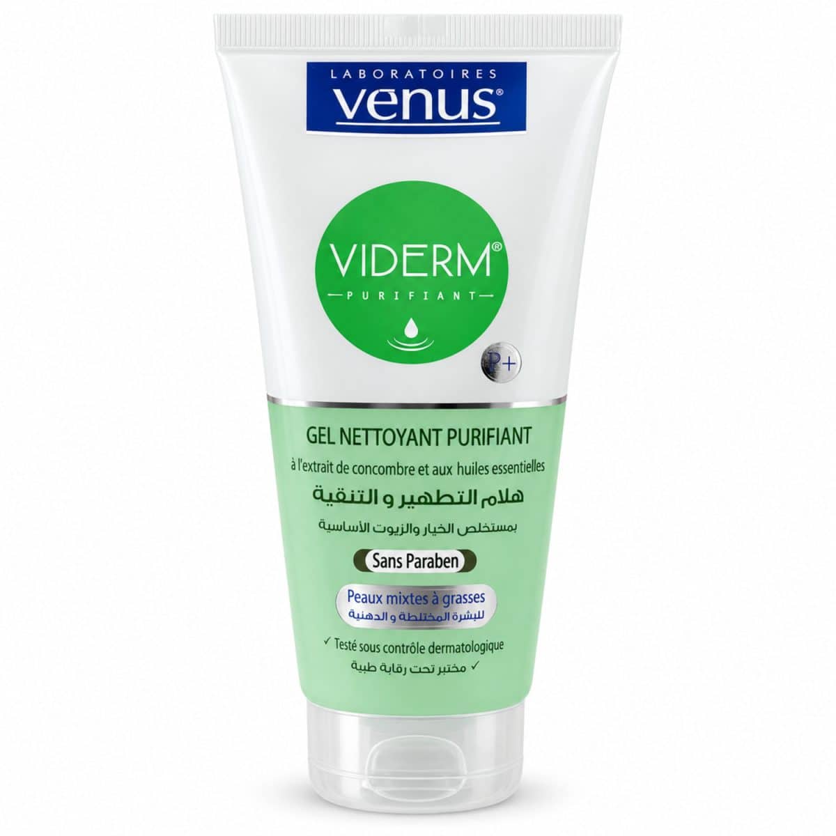 Gel limpiador facial argelino Venus Viderm P+ con pepino – 150 ml sobre fondo blanco