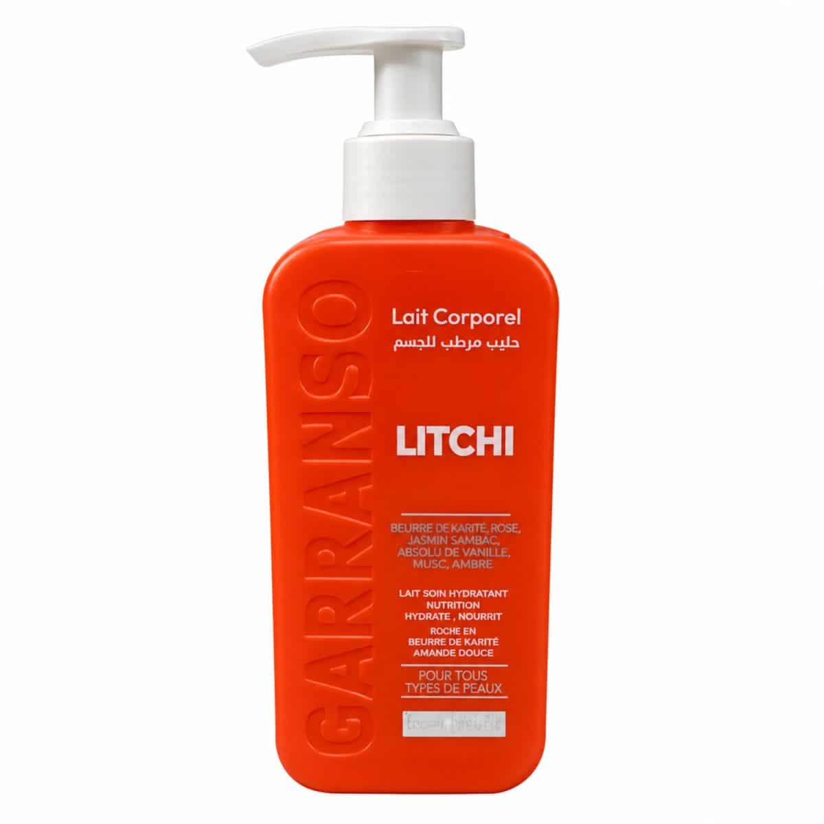 Leche corporal de lichi Garranso Mino, 200 ml, frasco de color rojo anaranjado con dosificador blanco sobre fondo blanco