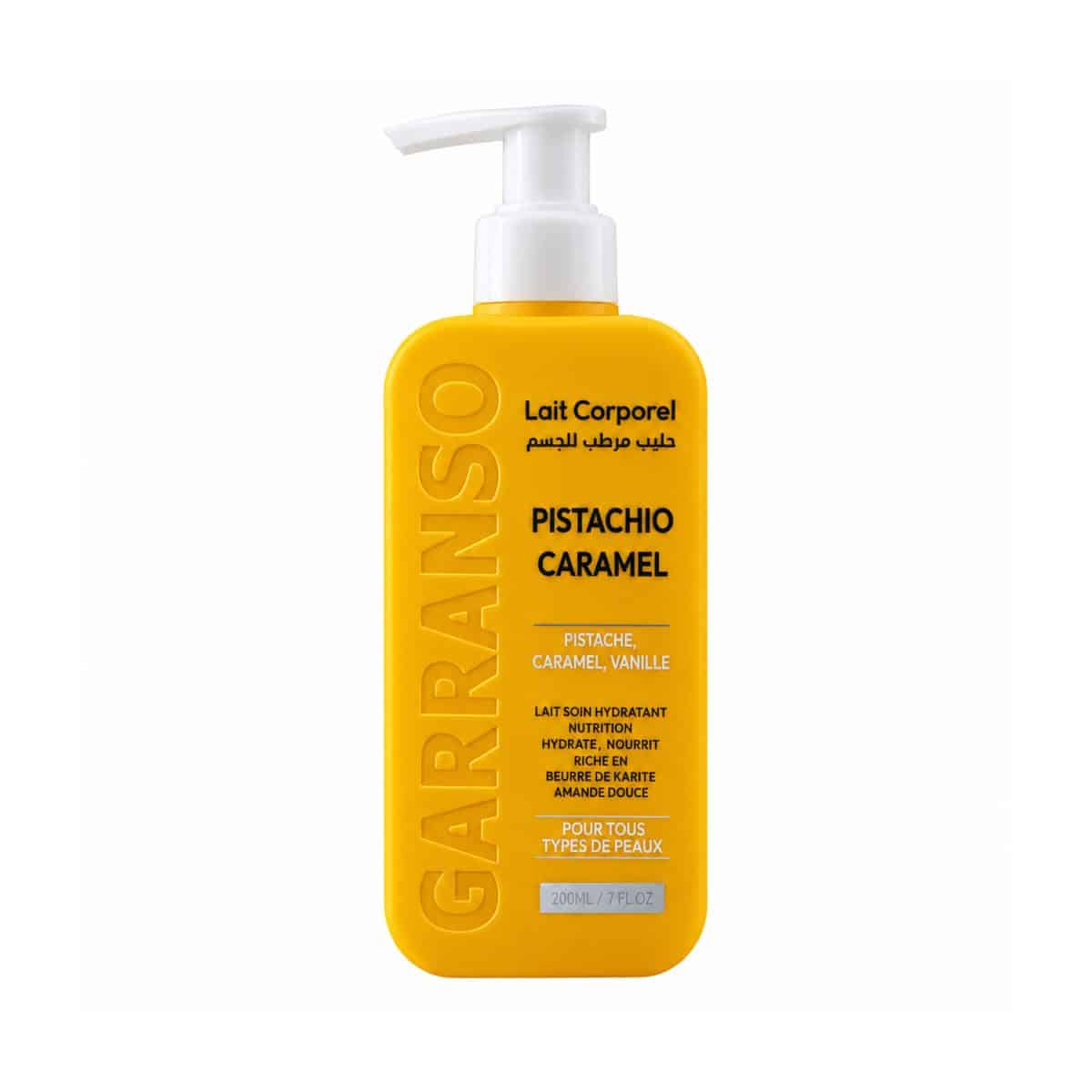 Leche corporal Pistachio Caramel – Garranso – 200 ml, imagen del frasco sobre fondo blanco