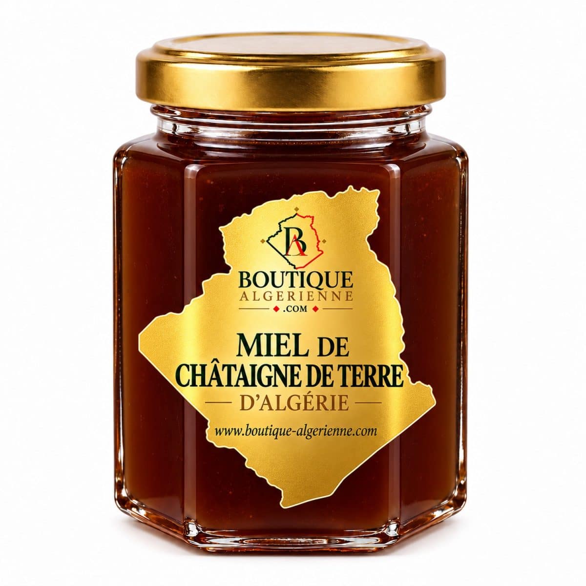 Miel «châtaigne de terre» de Argelia — tarro de 400 g sobre fondo blanco