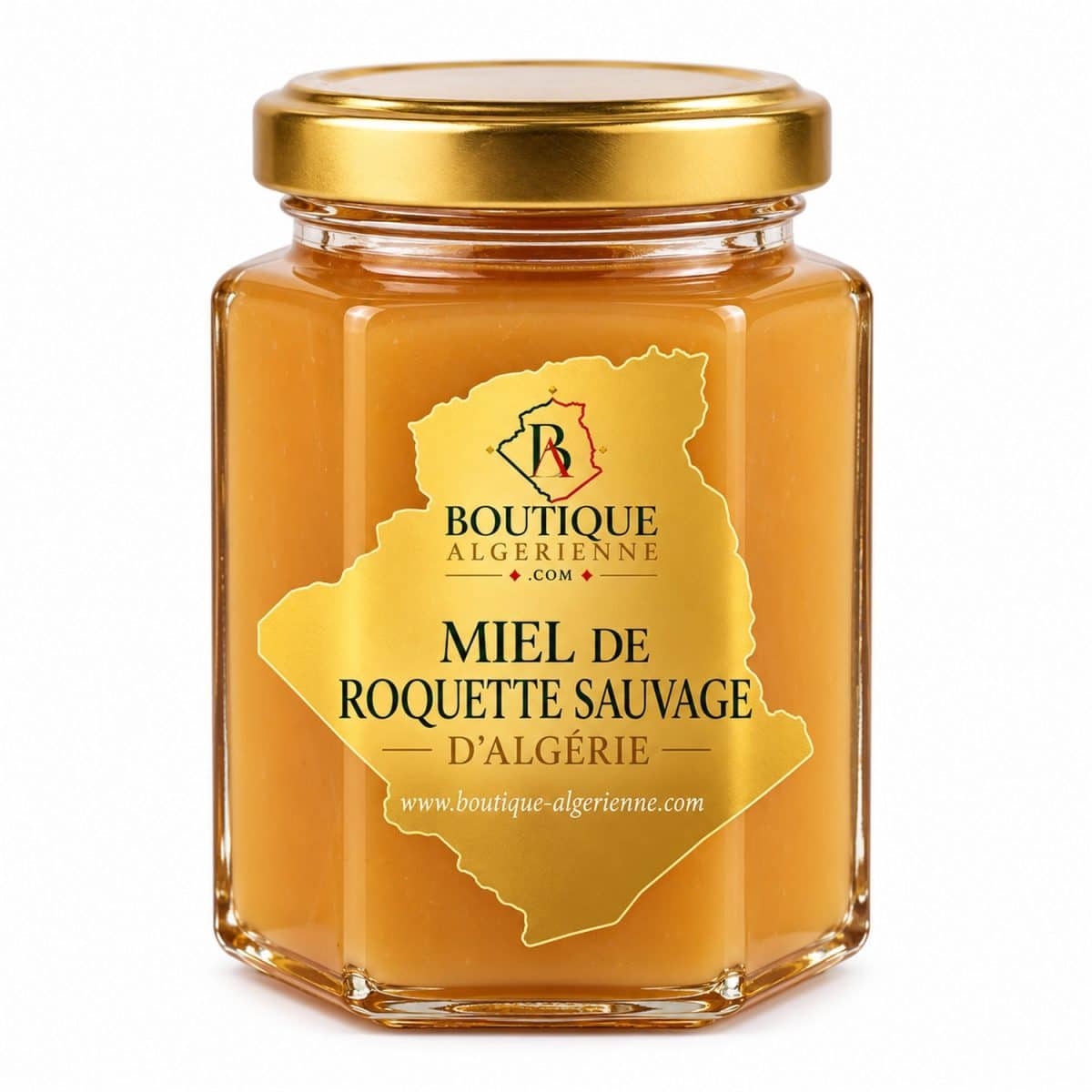 Miel de roquette sauvage d’Algérie — pot de 400 g sur fond blanc