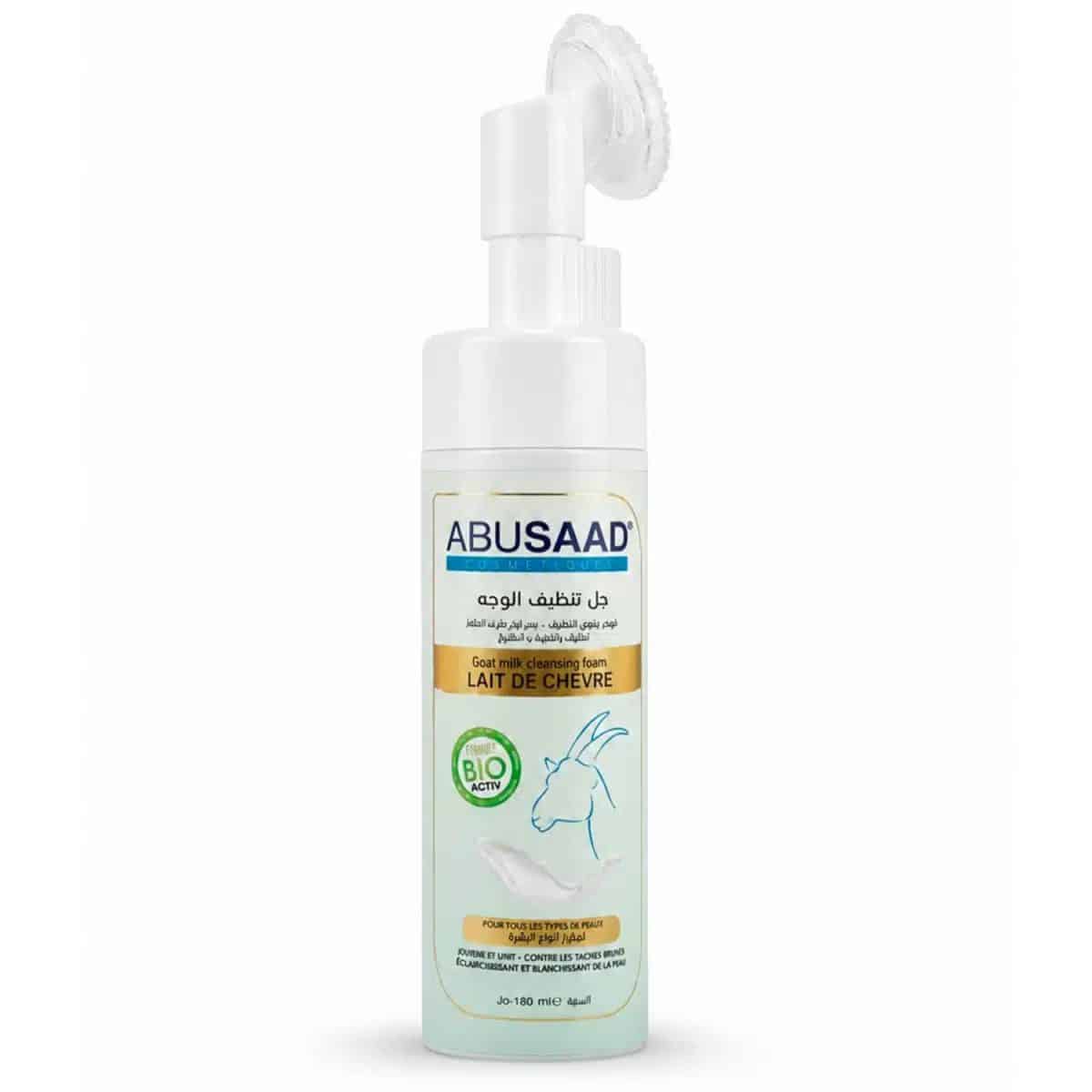 Espuma limpiadora facial con leche de cabra Abu Saad – 180 ml, sobre fondo blanco