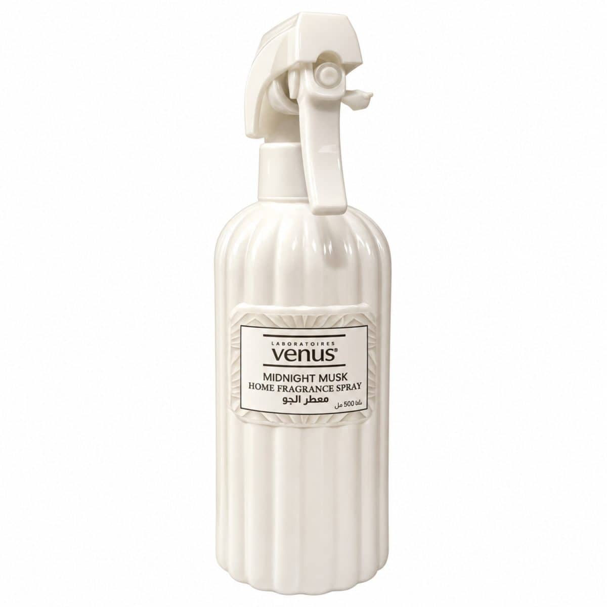 Raumduft „Midnight Musk“ von Laboratoires Venus, 500 ml, weißer Flakon mit Sprühkopf auf weißem Hintergrund