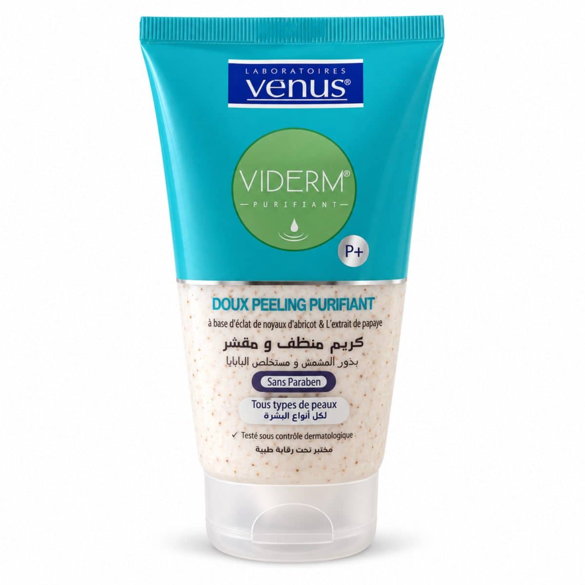 Exfoliante facial argelino Venus Viderm P+ suave – 150 ml sobre fondo blanco