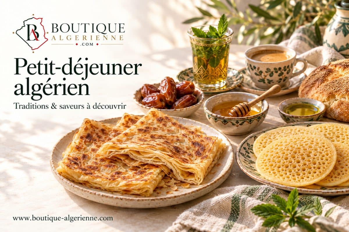 Algerisches Frühstück mit Msemen, Baghrir, Honig, Datteln, Tee und Milchkaffee