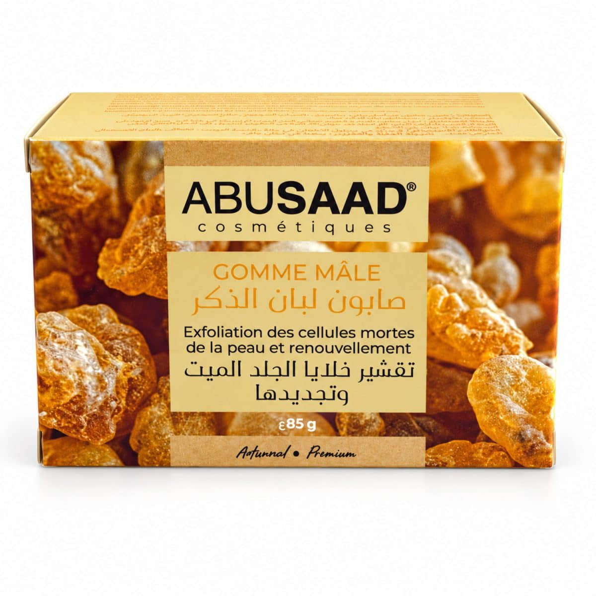Jabón con goma de malé argelina Abu Saad, 85 g, caja de color ámbar sobre fondo blanco