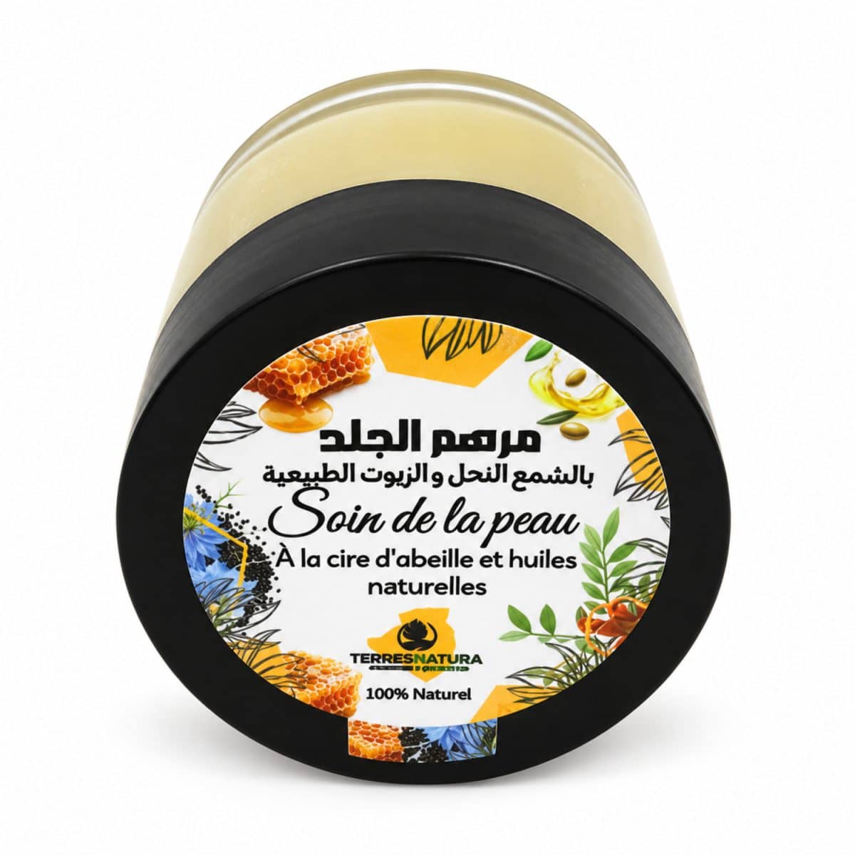 Producto para el cuidado de la piel con cera de abeja y aceites naturales Terresnatura, 50 g, sobre fondo blanco