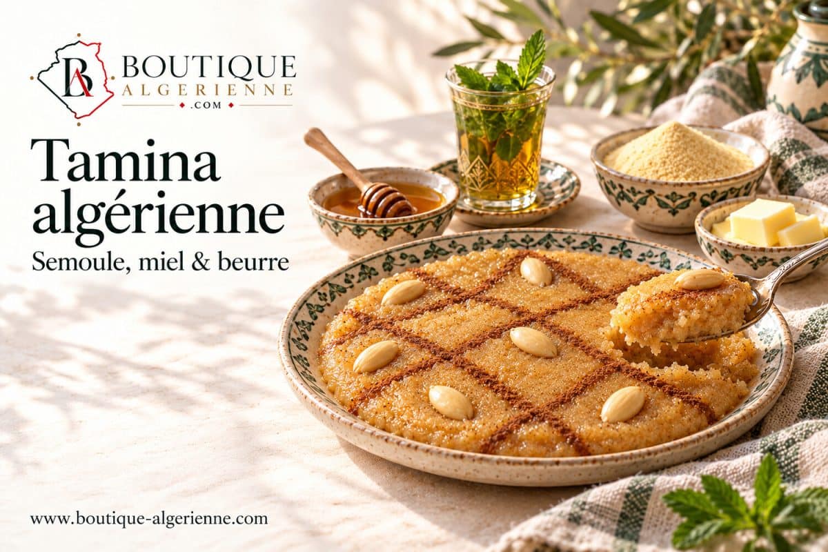 Algerische Tamina mit geröstetem Grieß, Honig und Butter, garniert mit Zimt und Mandeln