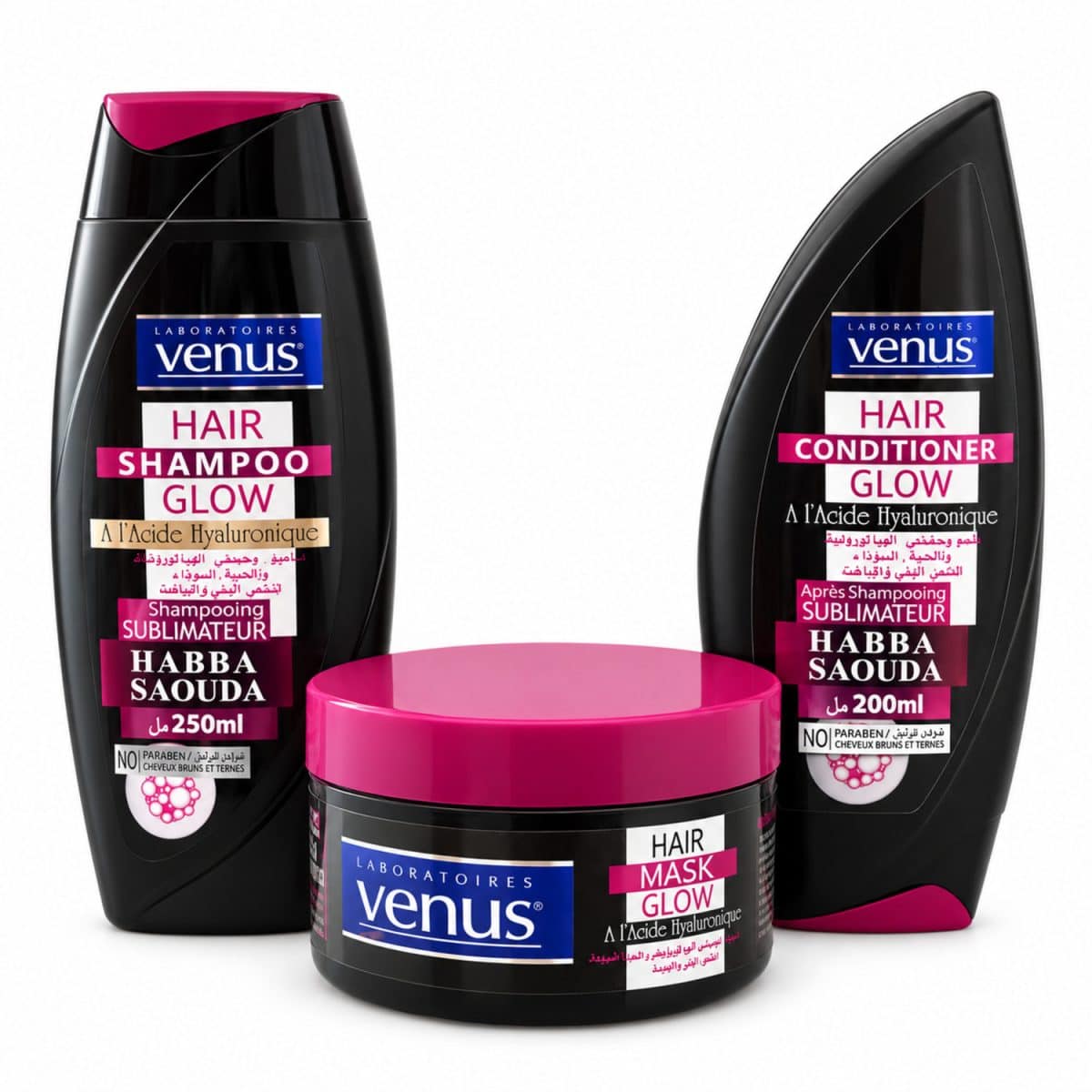 Trío de productos para el cuidado del cabello argelinos Venus Hair Glow Habba Saouda: champú, acondicionador y mascarilla sobre fondo blanco